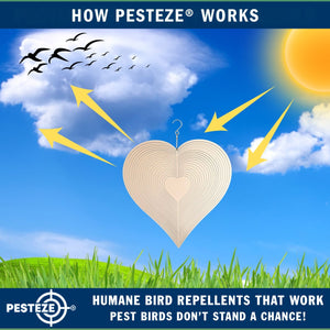 PESTEZE® Large Heart Stainless Steel Highly Reflective Decorative 3D Wind Spinner for Repelling Unwanted Birds & Critters. 12 x 14 Inch Premium Shiny, Beautiful & Long Lasting Bird Repellent.