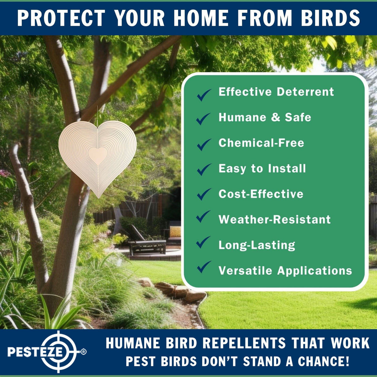 PESTEZE® USA Large Heart Stainless Steel Wind Spinner 12x14 Inch Reflective Outdoor Hanging Garden Decoration for Yard, Porch & Patio, 3D Spinning Metal Art Ornament Repels Birds & Add Sparkling Beauty
