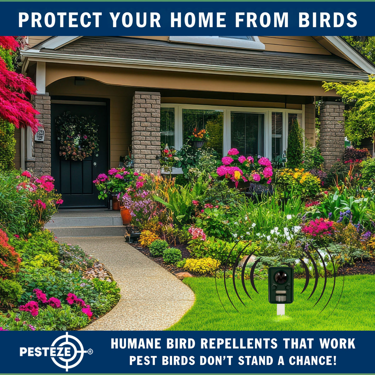 PESTEZE® Solar Ultrasonic Bird Repeller. Detects & Deters  Pest Birds like Woodpeckers, Pigeons, Crows, Ducks, Geese & Critters from Yards using Ultrasonic Sounds. Does not Harm Birds or People - Pesteze