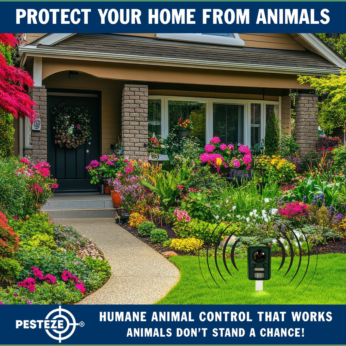PESTEZE® Solar Ultrasonic Animal Repellent. Detects & Deters Unwanted Animals like Skunk, Deer, Coyote, Fox, Wolf, Rabbitt, Raccoon & Birds. Protect Property & Livestock without Harming Animals or People - Pesteze