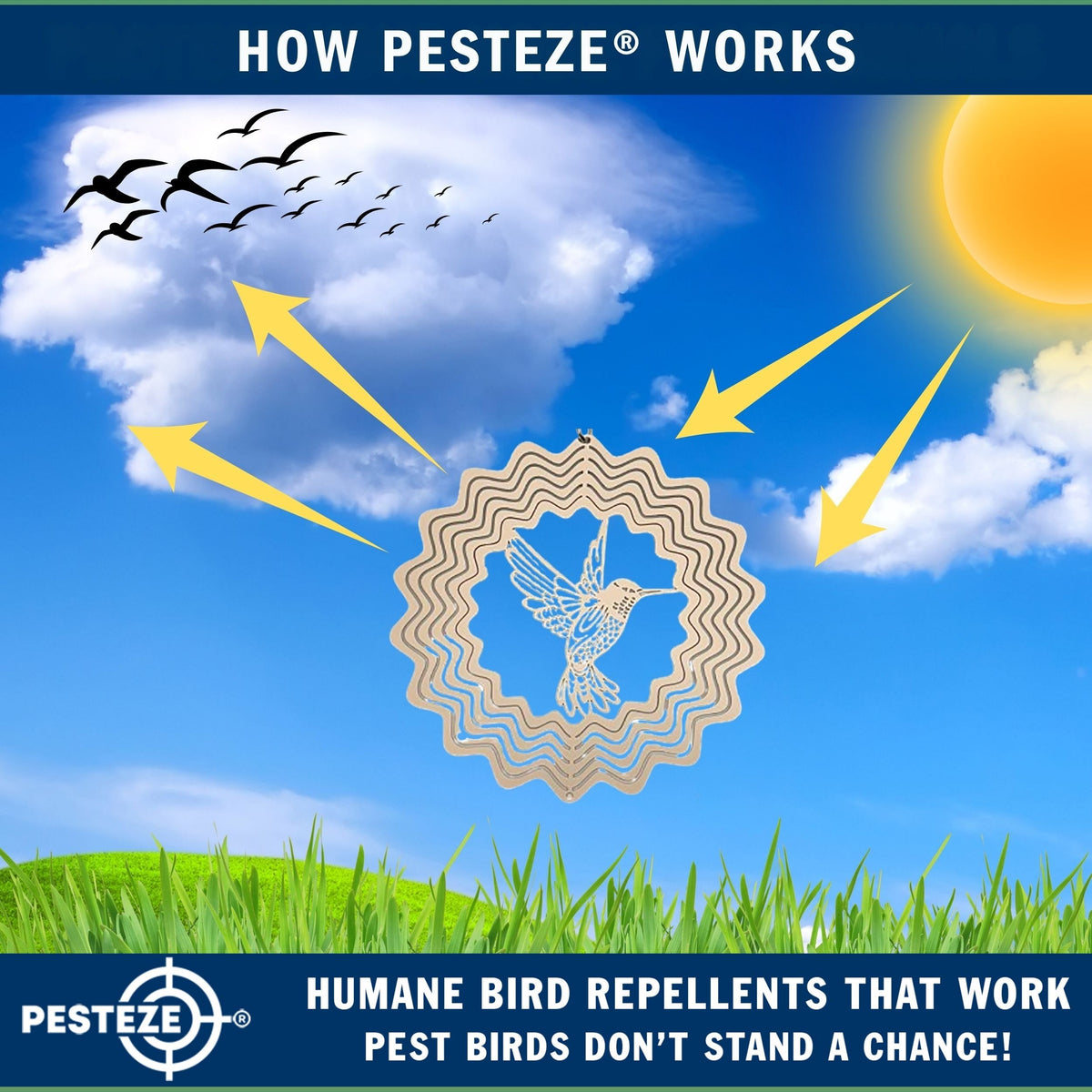 PESTEZE® USA Wind Spinner Stainless Steel Hummingbird 3D Decorative Kinetic Design for Outdoor Garden and Yard Use, Reflective Hanging Art to Deter Pest Bird Activity and Add Beautiful Motion [5×8 in]