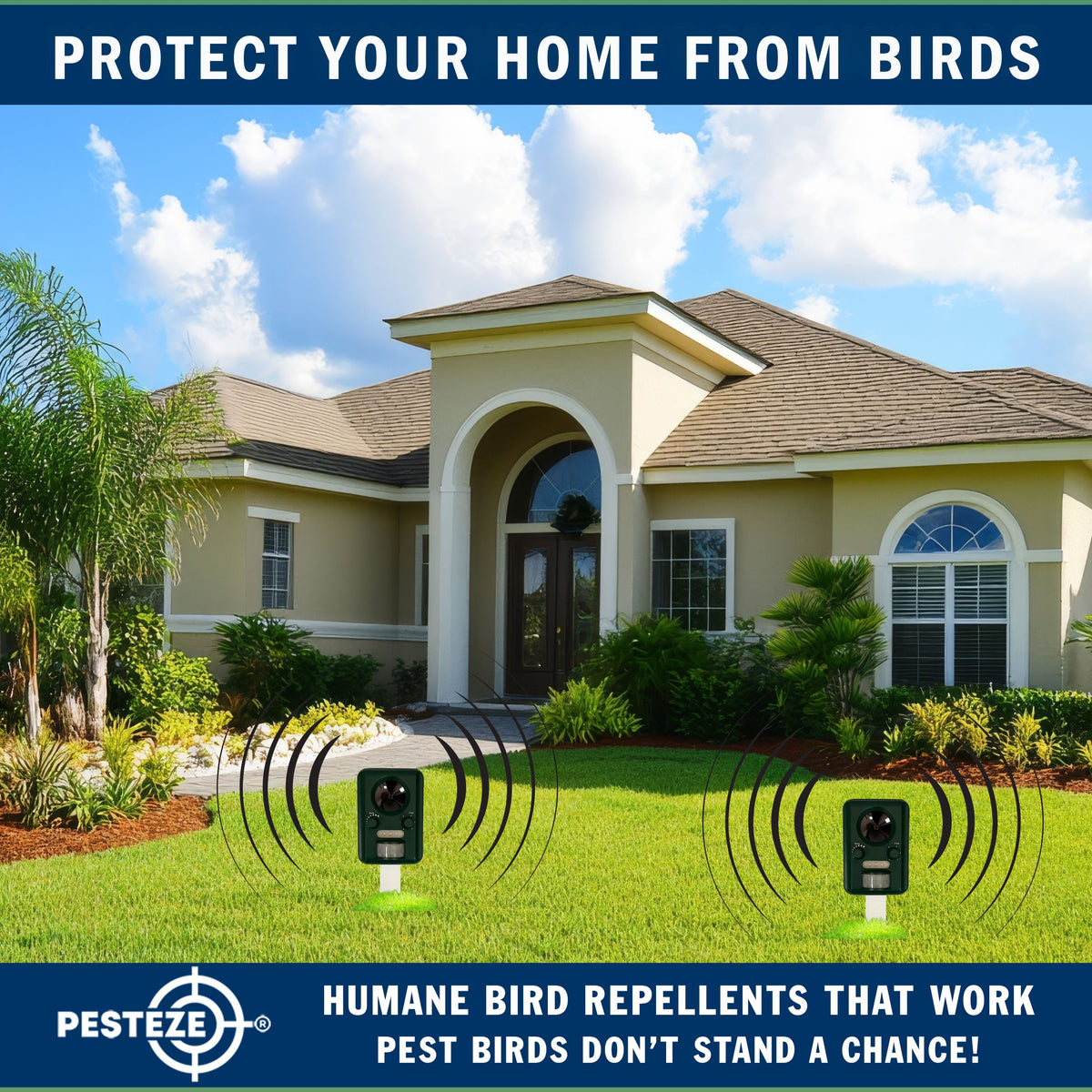 PESTEZE® Solar Ultrasonic Bird Repeller. Detects & Deters  Pest Birds like Woodpeckers, Pigeons, Crows, Ducks, Geese & Critters from Yards using Ultrasonic Sounds. Does not Harm Birds or People - Pesteze