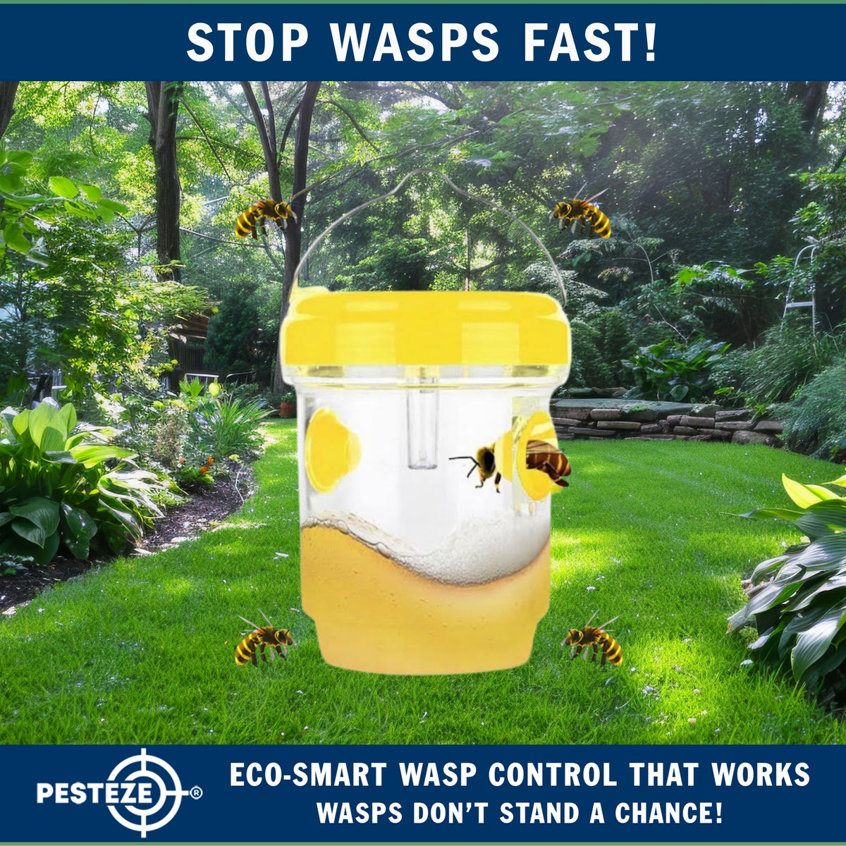 PESTEZE® USA Reusable Solar Hanging Wasp Trap with LED Light [Yellow: 3.5 x 4.4 Inch] Attracts, & Kills Wasp, Hornet, Yellow Jacket & Insect Species 24/7 Without Harsh Chemicals Waterproof Outdoor Trap