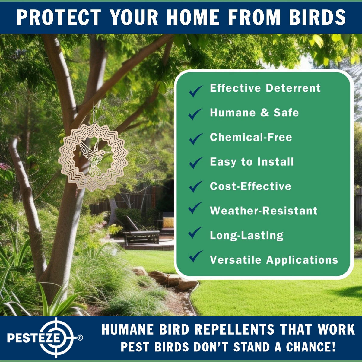 PESTEZE® USA Wind Spinner Stainless Steel Hummingbird 3D Decorative Kinetic Design for Outdoor Garden and Yard Use, Reflective Hanging Art to Deter Pest Bird Activity and Add Beautiful Motion [5×8 in]