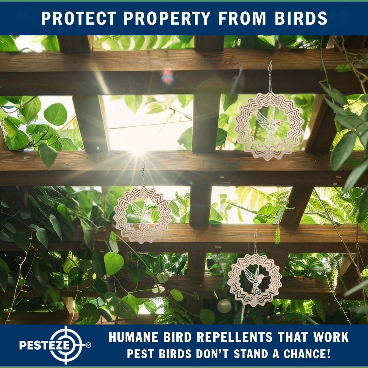 PESTEZE® USA Wind Spinner Stainless Steel Hummingbird 3D Decorative Kinetic Design for Outdoor Garden and Yard Use, Reflective Hanging Art to Deter Pest Bird Activity and Add Beautiful Motion [5×8 in]