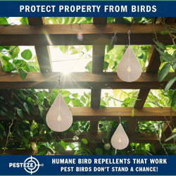 PESTEZE® Water Droplet Stainless Steel Highly Reflective Decorative 3D Wind Spinner for Repelling Unwanted Pest Birds & Critters. 4 x 9.25 Inch Premium Shiny, Attractive, Durable & Humane Bird Deterrent
