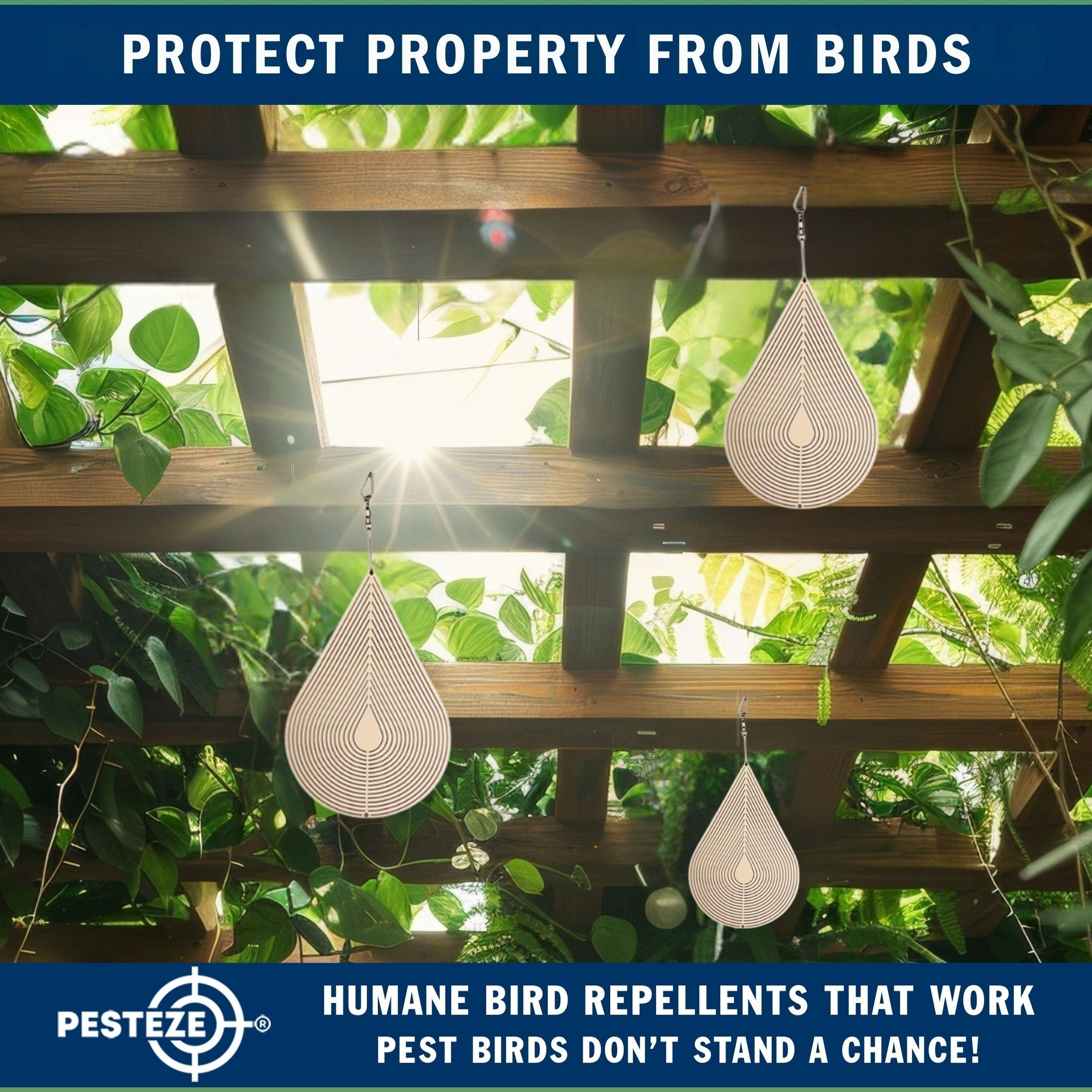 PESTEZE® Water Droplet Stainless Steel Highly Reflective Decorative 3D Wind Spinner for Repelling Unwanted Pest Birds & Critters. 4 x 9.25 Inch Premium Shiny, Attractive, Durable & Humane Bird Deterrent