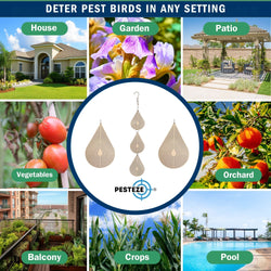3 Piece PESTEZE® Water Droplet Stainless Steel Highly Reflective Decorative 3D Wind Spinner for Repelling Unwanted Birds & Critters. 2.5 X 12.5 Inch Premium Shiny, Attractive, Everlasting & Sturdy Bird Deterrent