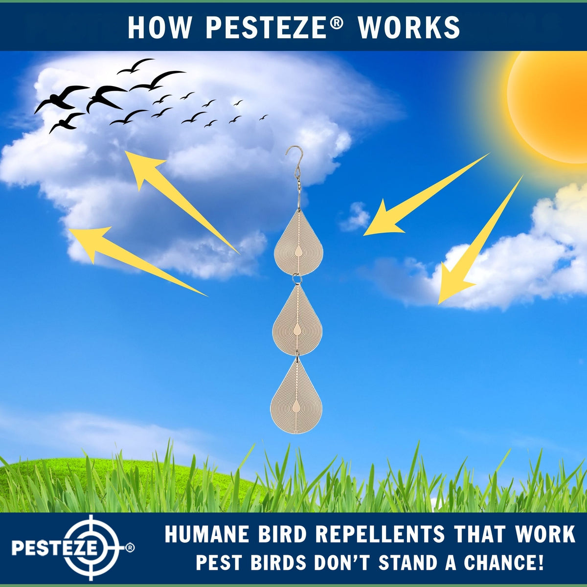 PESTEZE® USA Premium Bird Deterrent Wind Spinner Set – 3-Piece Stainless Steel Reflective Water Droplet Design to Deter Birds & Prevent Nesting Around Porch, Garden & Outdoor Areas [2.6 × 15.5 in]