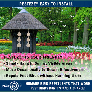 3 Piece PESTEZE® Water Droplet Stainless Steel Highly Reflective Decorative 3D Wind Spinner for Repelling Unwanted Birds & Critters. 2.5 X 12.5 Inch Premium Shiny, Attractive, Everlasting & Sturdy Bird Deterrent
