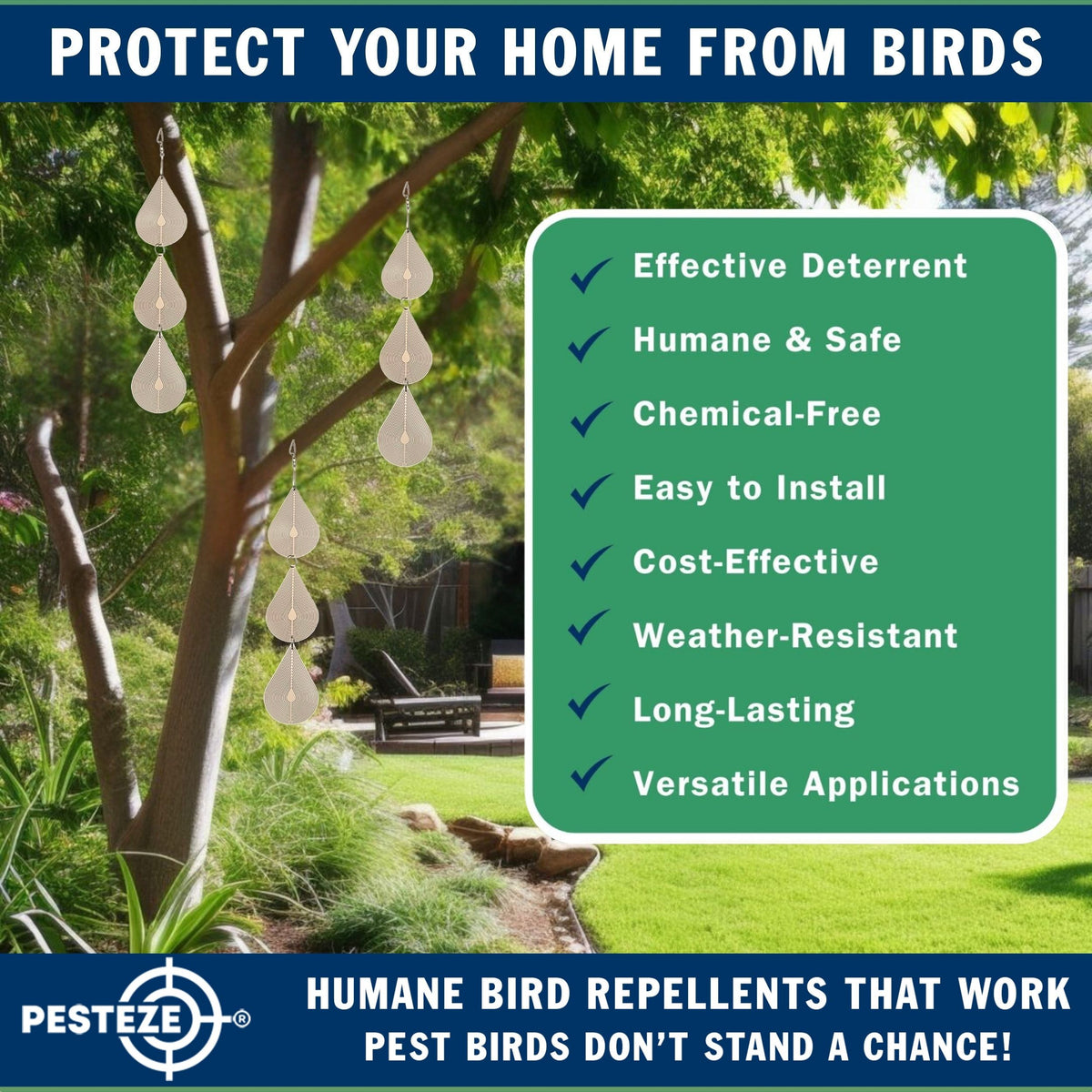 PESTEZE® USA Premium Bird Deterrent Wind Spinner Set – 3-Piece Stainless Steel Reflective Water Droplet Design to Deter Birds & Prevent Nesting Around Porch, Garden & Outdoor Areas [2.6 × 15.5 in]