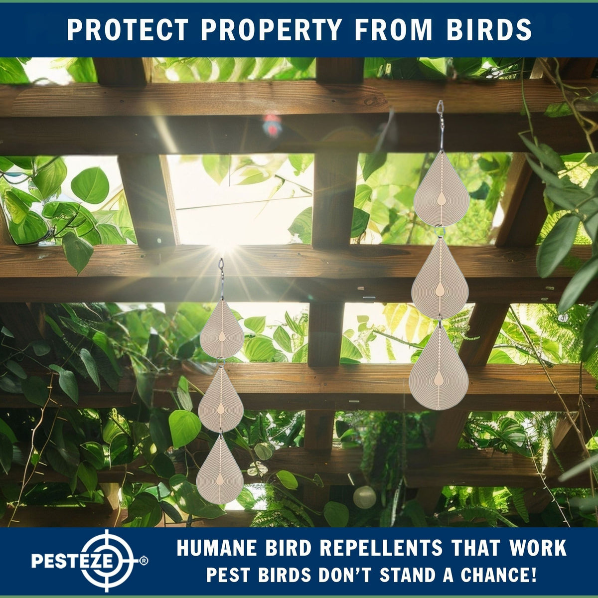 PESTEZE® USA Premium Bird Deterrent Wind Spinner Set – 3-Piece Stainless Steel Reflective Water Droplet Design to Deter Birds & Prevent Nesting Around Porch, Garden & Outdoor Areas [2.6 × 15.5 in]