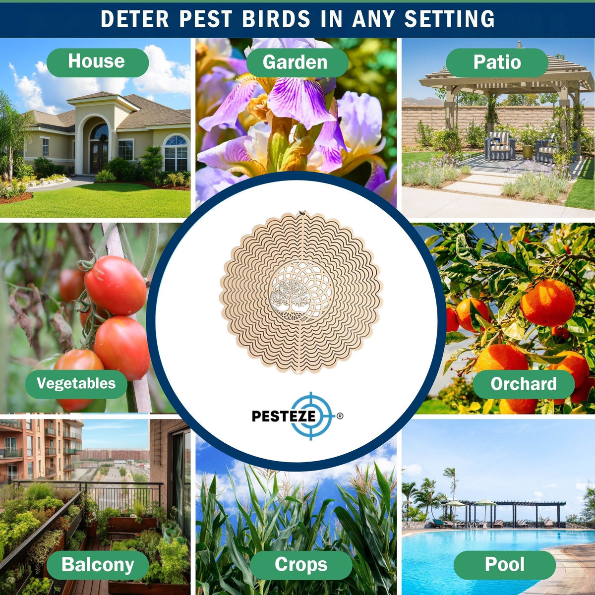 PESTEZE® USA Premium Tree of Life Wind Spinner – 6x9’’ Stainless Steel Reflective 3D Hanging Outdoor Spinner for Bird Deterrent, Garden & Yard Metal Ornament | Durable, Decorative & Humane Pest Control