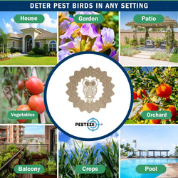 PESTEZE® Owl Stainless Steel Highly Reflective Decorative 3D Wind Spinner for Scaring Unwanted Pest Birds & Critters. 6 x 9 Inch Premium Shiny, Attractive, Sturdy, Everlasting & Humane Bird Control