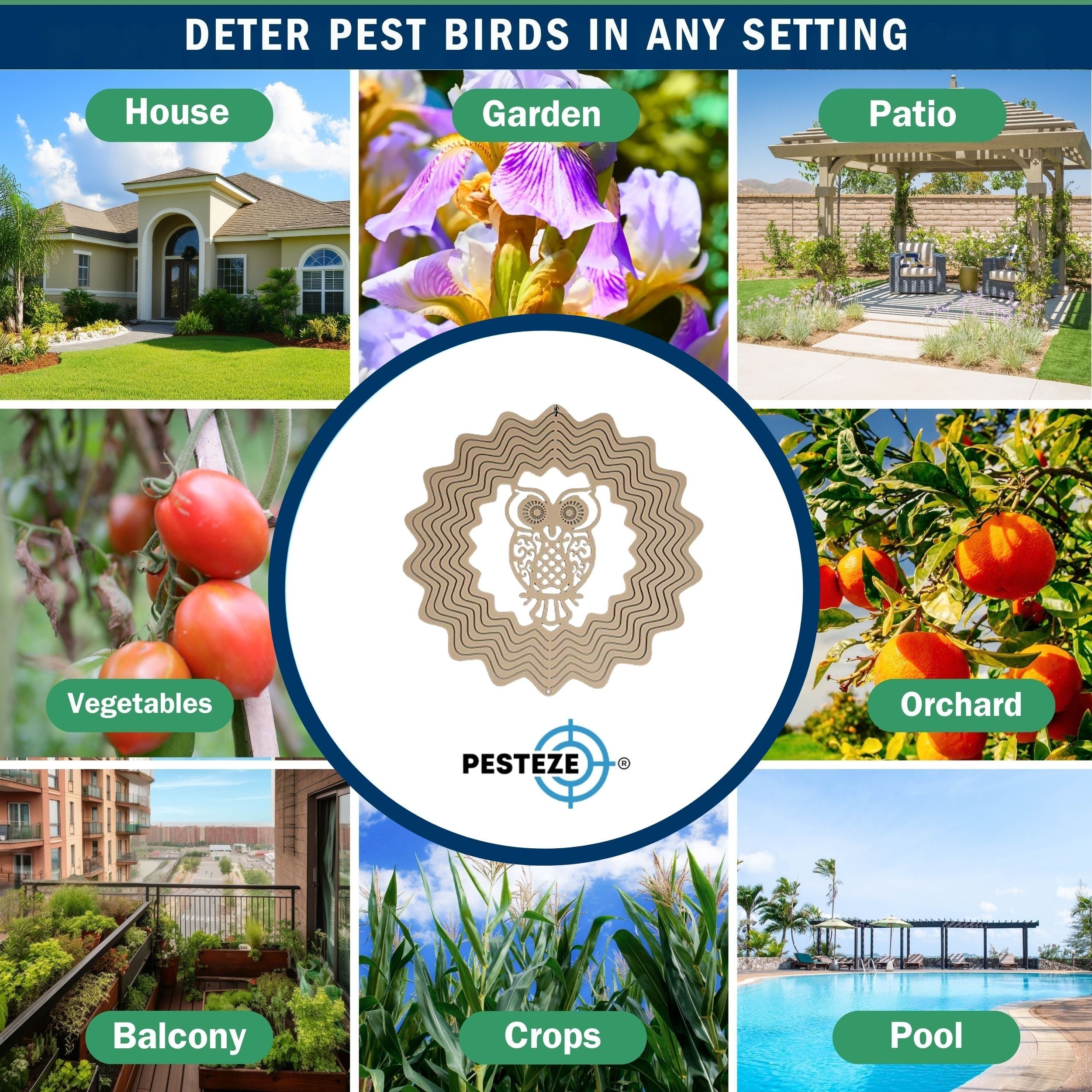 PESTEZE® Owl Stainless Steel Highly Reflective Decorative 3D Wind Spinner for Scaring Unwanted Pest Birds & Critters. 6 x 9 Inch Premium Shiny, Attractive, Sturdy, Everlasting & Humane Bird Control