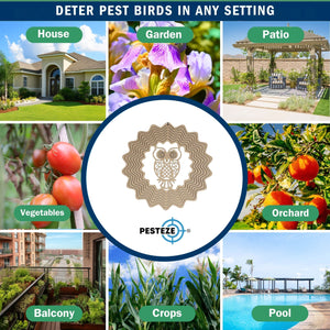 PESTEZE® Owl Stainless Steel Highly Reflective Decorative 3D Wind Spinner for Scaring Unwanted Pest Birds & Critters. 6 x 9 Inch Premium Shiny, Attractive, Sturdy, Everlasting & Humane Bird Control