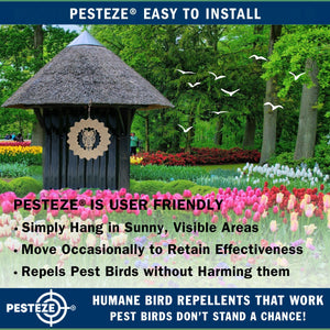 PESTEZE® Owl Stainless Steel Highly Reflective Decorative 3D Wind Spinner for Scaring Unwanted Pest Birds & Critters. 6 x 9 Inch Premium Shiny, Attractive, Sturdy, Everlasting & Humane Bird Control