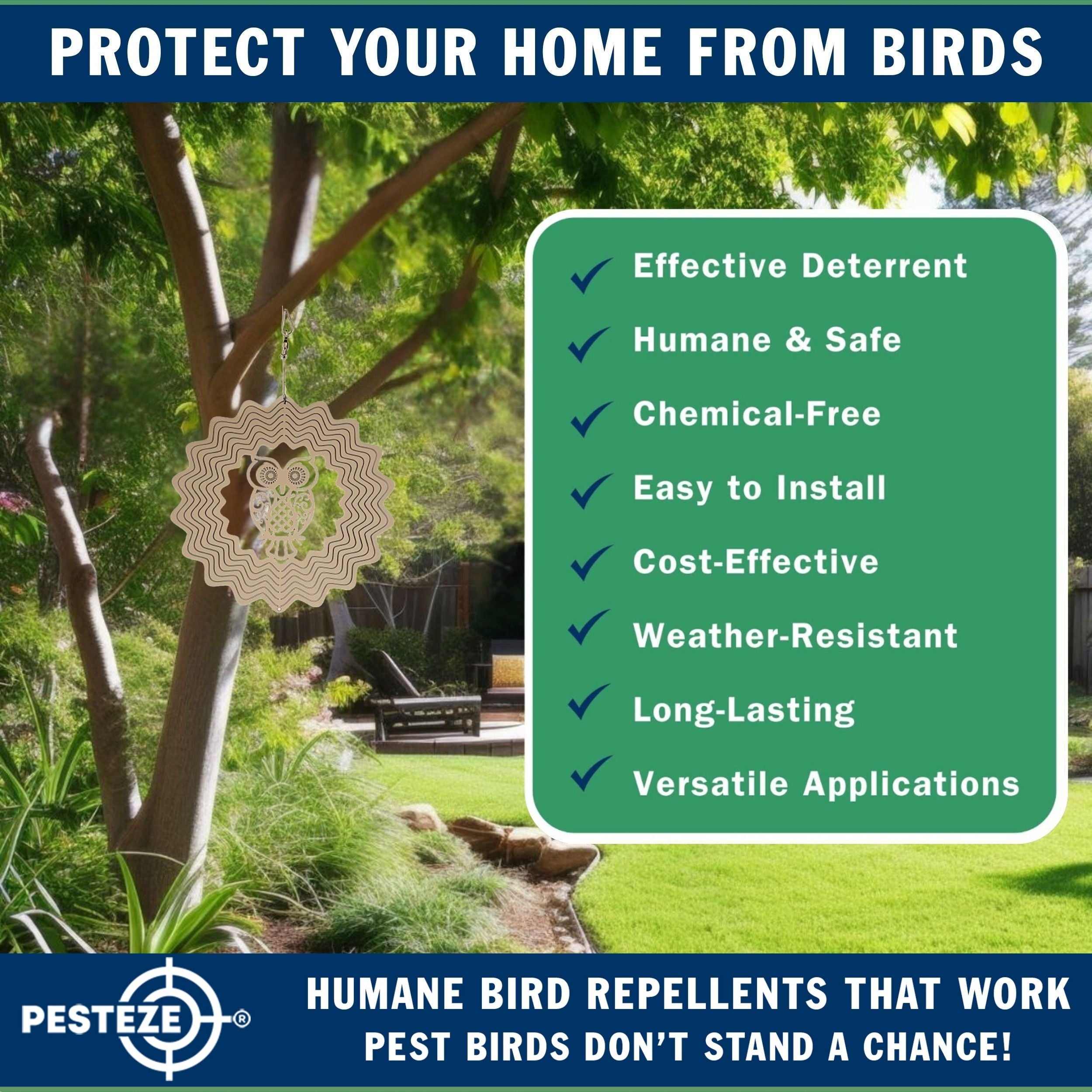PESTEZE® Owl Stainless Steel Highly Reflective Decorative 3D Wind Spinner for Scaring Unwanted Pest Birds & Critters. 6 x 9 Inch Premium Shiny, Attractive, Sturdy, Everlasting & Humane Bird Control