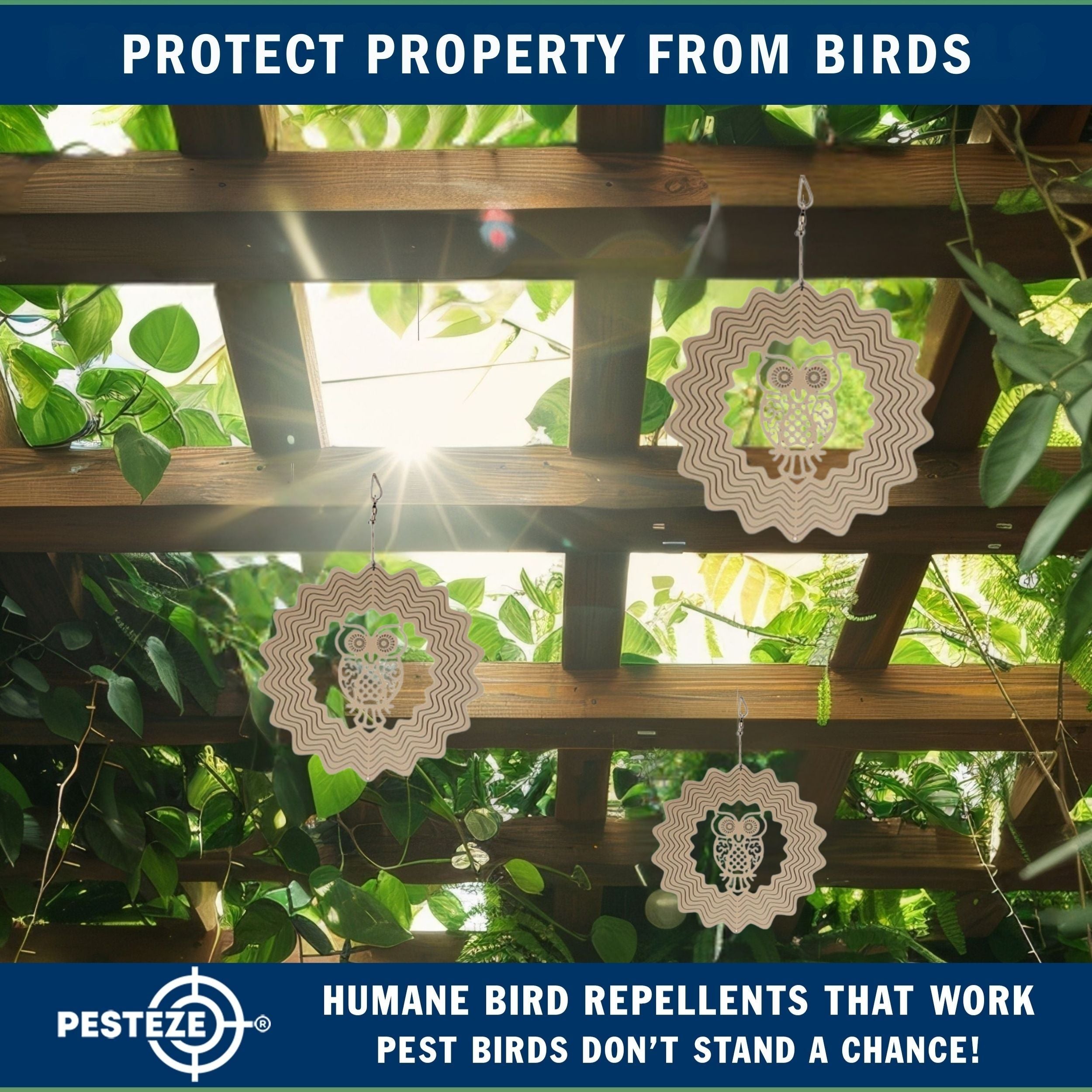 PESTEZE® Owl Stainless Steel Highly Reflective Decorative 3D Wind Spinner for Scaring Unwanted Pest Birds & Critters. 6 x 9 Inch Premium Shiny, Attractive, Sturdy, Everlasting & Humane Bird Control