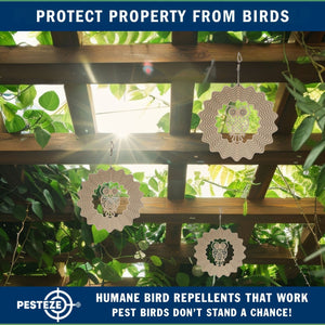 PESTEZE® Owl Stainless Steel Highly Reflective Decorative 3D Wind Spinner for Scaring Unwanted Pest Birds & Critters. 6 x 9 Inch Premium Shiny, Attractive, Sturdy, Everlasting & Humane Bird Control