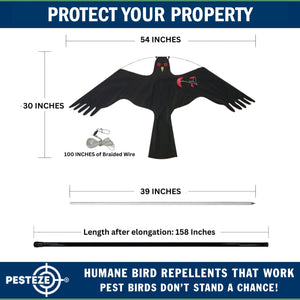 PESTEZE® Black Flying Hawk 54 x 30 Inch Kite Bird Deterrent with 13 ft Flagpole. Use in Yards & Farms to Protect Vegetables, Fruits, Crops & Property from Pest Birds & Critters without Harming them