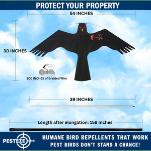PESTEZE® Black Flying Hawk 54 x 30 Inch Kite Bird Deterrent with 13 ft Flagpole. Use in Yards & Farms to Protect Vegetables, Fruits, Crops & Property from Pest Birds & Critters without Harming them