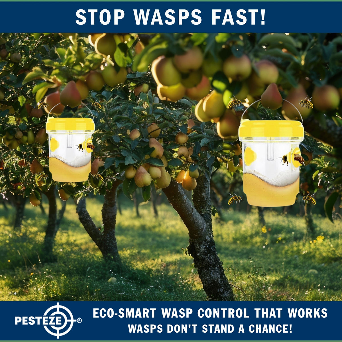 PESTEZE® USA Reusable Solar Hanging Wasp Trap with LED Light [Yellow: 3.5 x 4.4 Inch] Attracts, & Kills Wasp, Hornet, Yellow Jacket & Insect Species 24/7 Without Harsh Chemicals Waterproof Outdoor Trap