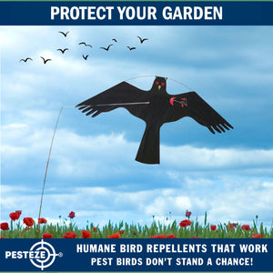 PESTEZE® Black Flying Hawk 54 x 30 Inch Kite Bird Deterrent with 13 ft Flagpole. Use in Yards & Farms to Protect Vegetables, Fruits, Crops & Property from Pest Birds & Critters without Harming them