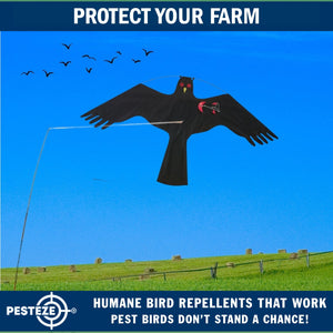 PESTEZE® Black Flying Hawk 54 x 30 Inch Kite Bird Deterrent with 13 ft Flagpole. Use in Yards & Farms to Protect Vegetables, Fruits, Crops & Property from Pest Birds & Critters without Harming them