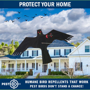 PESTEZE® Black Flying Hawk 54 x 30 Inch Kite Bird Deterrent with 13 ft Flagpole. Use in Yards & Farms to Protect Vegetables, Fruits, Crops & Property from Pest Birds & Critters without Harming them
