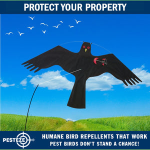 PESTEZE® Black Flying Hawk 54 x 30 Inch Kite Bird Deterrent with 13 ft Flagpole. Use in Yards & Farms to Protect Vegetables, Fruits, Crops & Property from Pest Birds & Critters without Harming them