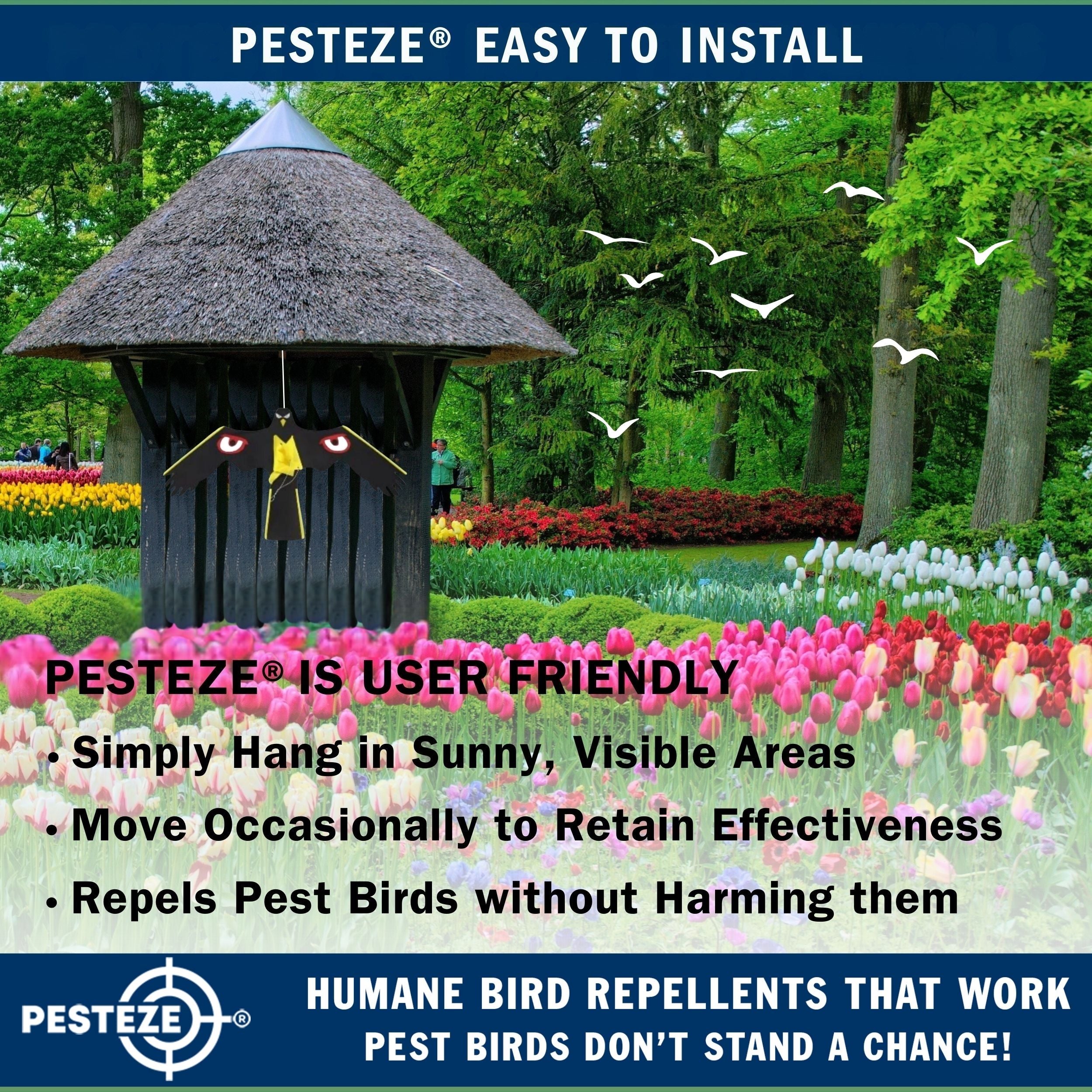PESTEZE® Black Flying Hawk 54 x 30 Inch Kite with Predator Eyes & 13 ft Flagpole to Deter Birds. Use in Yards & Farms to Protect Vegetables, Fruits, Crops & Property from Pest Birds & Critters without Harming them