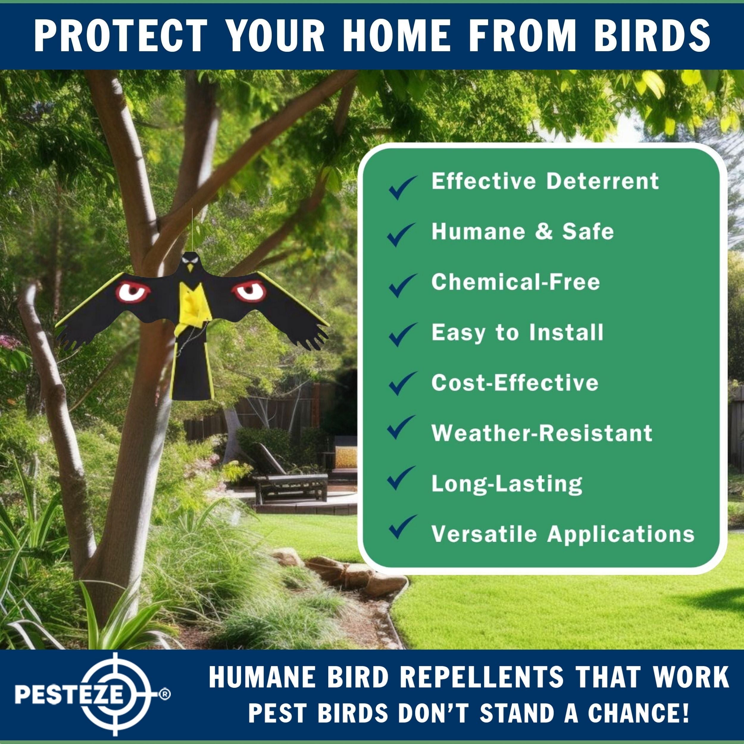 PESTEZE® Black Flying Hawk 54 x 30 Inch Kite with Predator Eyes & 13 ft Flagpole to Deter Birds. Use in Yards & Farms to Protect Vegetables, Fruits, Crops & Property from Pest Birds & Critters without Harming them
