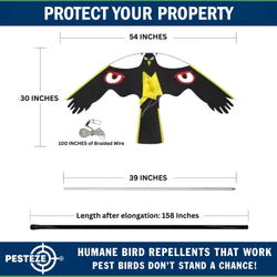 PESTEZE® Black Flying Hawk 54 x 30 Inch Kite with Predator Eyes & 13 ft Flagpole to Deter Birds. Use in Yards & Farms to Protect Vegetables, Fruits, Crops & Property from Pest Birds & Critters without Harming them