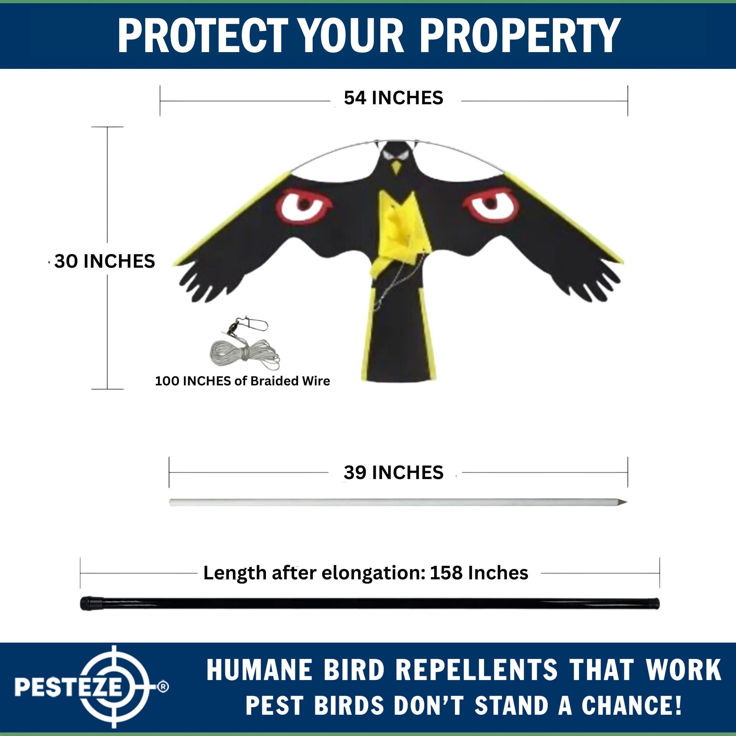 PESTEZE® Black Flying Hawk 54 x 30 Inch Kite with Predator Eyes & 13 ft Flagpole to Deter Birds. Use in Yards & Farms to Protect Vegetables, Fruits, Crops & Property from Pest Birds & Critters without Harming them