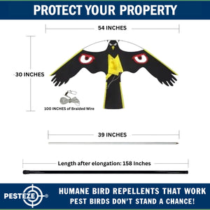PESTEZE® Flying Owl 46 x 25 Inch Kite Bird Deterrent with 13 ft Flagpole. Use in Yards & Farms to Protect Vegetables, Fruits & Crops from Pest Birds & Critters without Harming them
