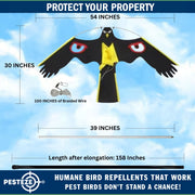 PESTEZE® Black Flying Hawk 54 x 30 Inch Kite with Predator Eyes & 13 ft Flagpole to Deter Birds. Use in Yards & Farms to Protect Vegetables, Fruits, Crops & Property from Pest Birds & Critters without Harming them