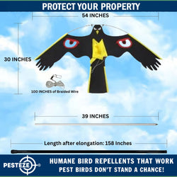 PESTEZE® Black Flying Hawk 54 x 30 Inch Kite with Predator Eyes & 13 ft Flagpole to Deter Birds. Use in Yards & Farms to Protect Vegetables, Fruits, Crops & Property from Pest Birds & Critters without Harming them