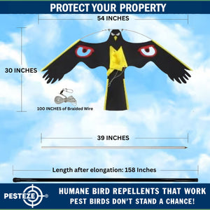 PESTEZE® Black Flying Hawk 54 x 30 Inch Kite with Scare Eyes & 13 ft Flagpole to Deter Birds. Use in Yards & Farms to Protect Vegetables, Fruits, Crops & Property from Pest Birds & Critters without Harming them
