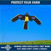 PESTEZE® Black Flying Hawk 54 x 30 Inch Kite with Predator Eyes & 13 ft Flagpole to Deter Birds. Use in Yards & Farms to Protect Vegetables, Fruits, Crops & Property from Pest Birds & Critters without Harming them