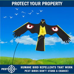 PESTEZE® Black Flying Hawk 54 x 30 Inch Kite with Predator Eyes & 13 ft Flagpole to Deter Birds. Use in Yards & Farms to Protect Vegetables, Fruits, Crops & Property from Pest Birds & Critters without Harming them