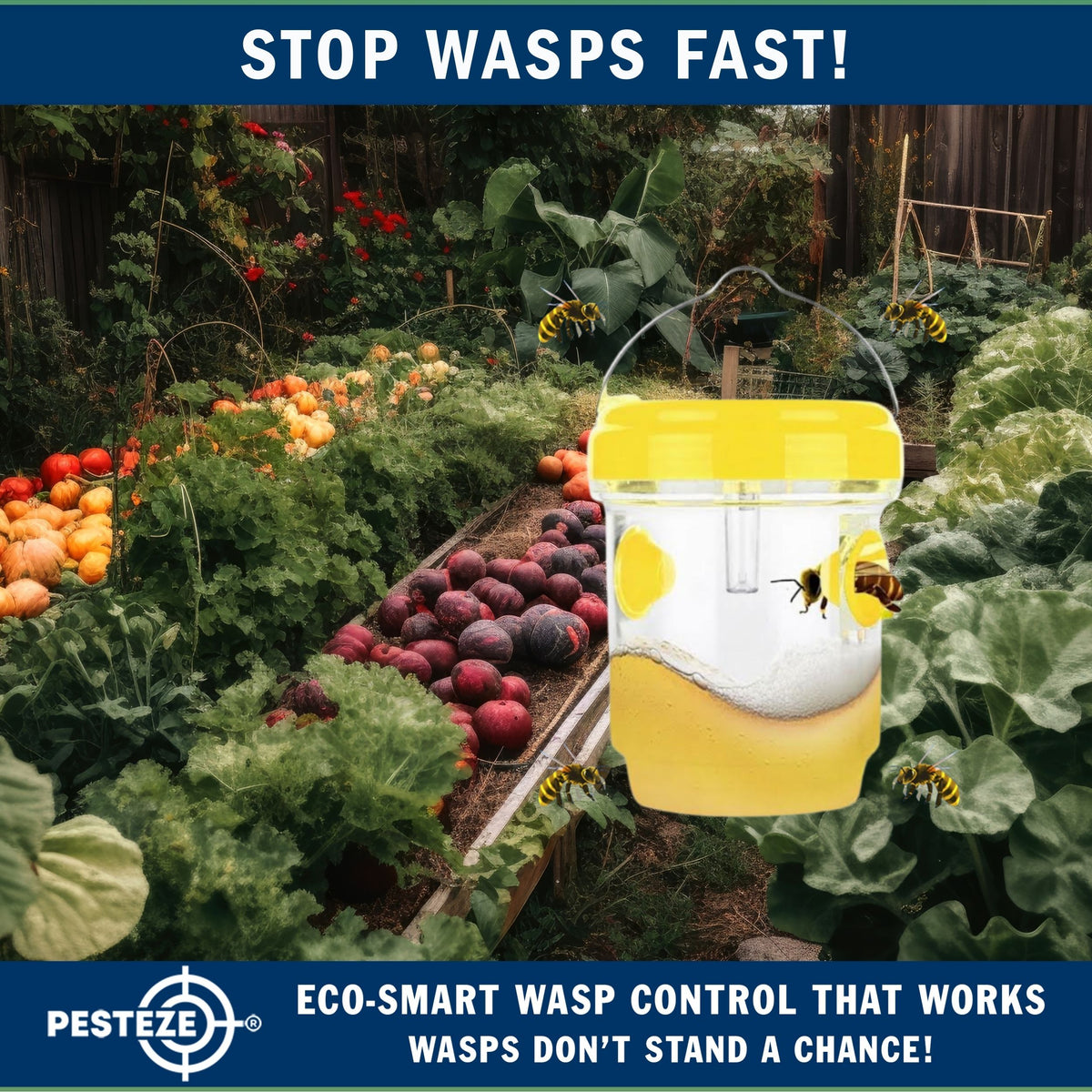 PESTEZE® USA Reusable Solar Hanging Wasp Trap with LED Light [Yellow: 3.5 x 4.4 Inch] Attracts, & Kills Wasp, Hornet, Yellow Jacket & Insect Species 24/7 Without Harsh Chemicals Waterproof Outdoor Trap