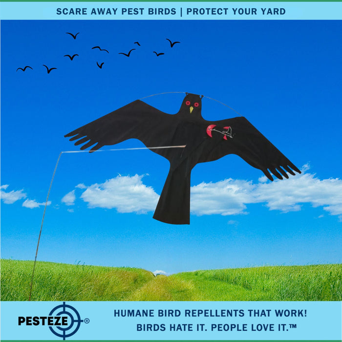 PESTEZE® Black Flying Hawk 46 x 26 Inch Kite Bird Deterrent with 13 ft Flagpole. Use in Yards & Farms to Protect Vegetables, Fruits, Crops & Property from Pest Birds & Critters without Harming them