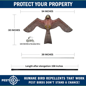 PESTEZE® Flying Hawk 54 x 30 Inch Kite Bird Scarer with 13 ft Flagpole. Use in Yards & Farms to Protect Vegetables, Fruits, Crops & Buildings from Pest Birds & Critters without Harming them
