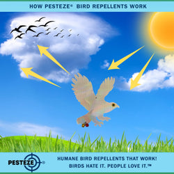 PESTEZE® Shiny Holographic Owl Bird Repellent with 2 Bells [12.5 x 16 inch] Sound & Reflection Deters Woodpeckers, Pigeons, Crows, Ducks, Geese & Critters from Yards without Harming them to Protect Property
