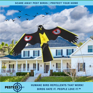 PESTEZE® Black Flying Hawk 46 x 26 Inch Kite with Scare Eyes & 13 ft Flagpole to Deter Birds. Use in Yards & Farms to Protect Vegetables, Fruits, Crops & Property from Pest Birds & Critters without Harming them