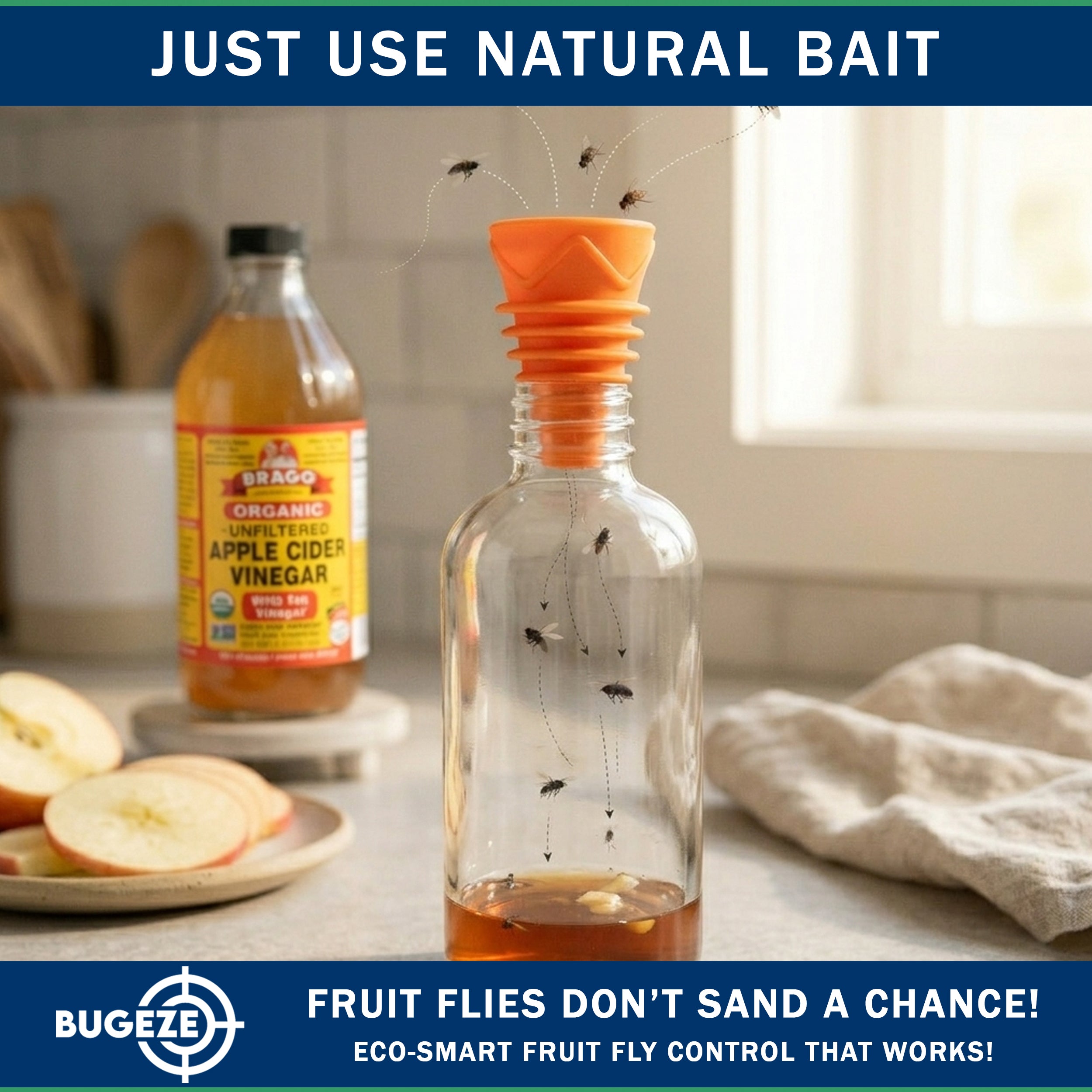 BUGEZE® USA Indoor Fruit Fly Trap for Kitchen – Reusable Bottle Top Gnat Catcher, Natural Fruit Fly Control for Home, Countertop & Pantry Safe [6 Pack -3 Yellow + 3 Orange]