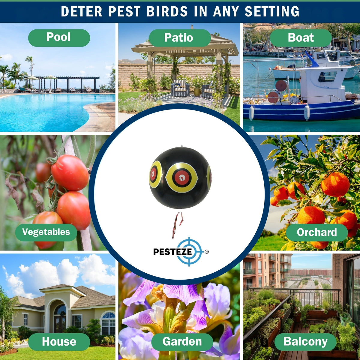 PESTEZE® USA Large 15" Black Bird Predator-Eye Balloon Decoy [3 Pack Black Color]  Deters Unwanted Pest Birds like Pigeons, Gulls, Geese & Critters from Pools & Yards Without Harming Them To Protect Property