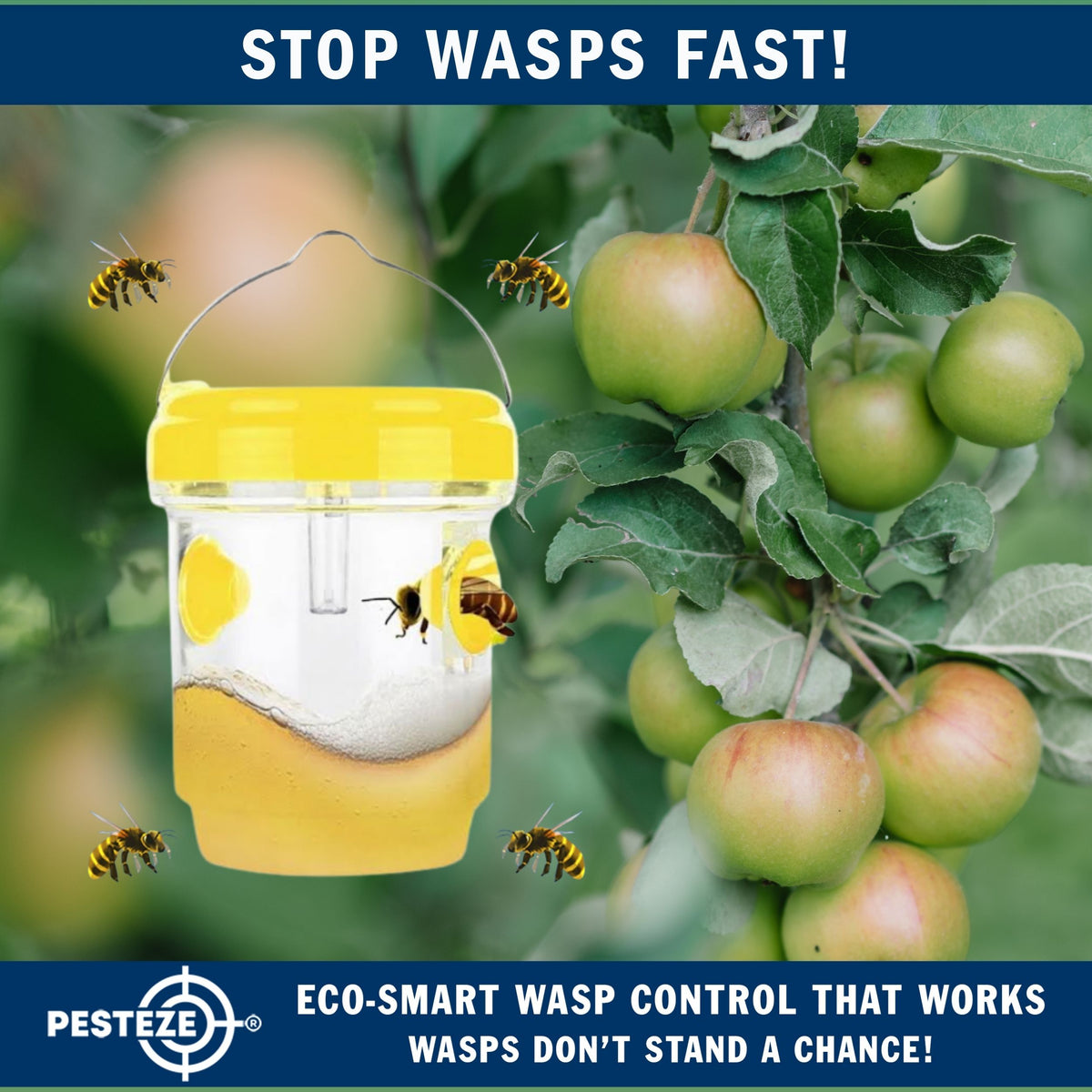 PESTEZE® USA Reusable Solar Hanging Wasp Trap with LED Light [Yellow: 3.5 x 4.4 Inch] Attracts, & Kills Wasp, Hornet, Yellow Jacket & Insect Species 24/7 Without Harsh Chemicals Waterproof Outdoor Trap