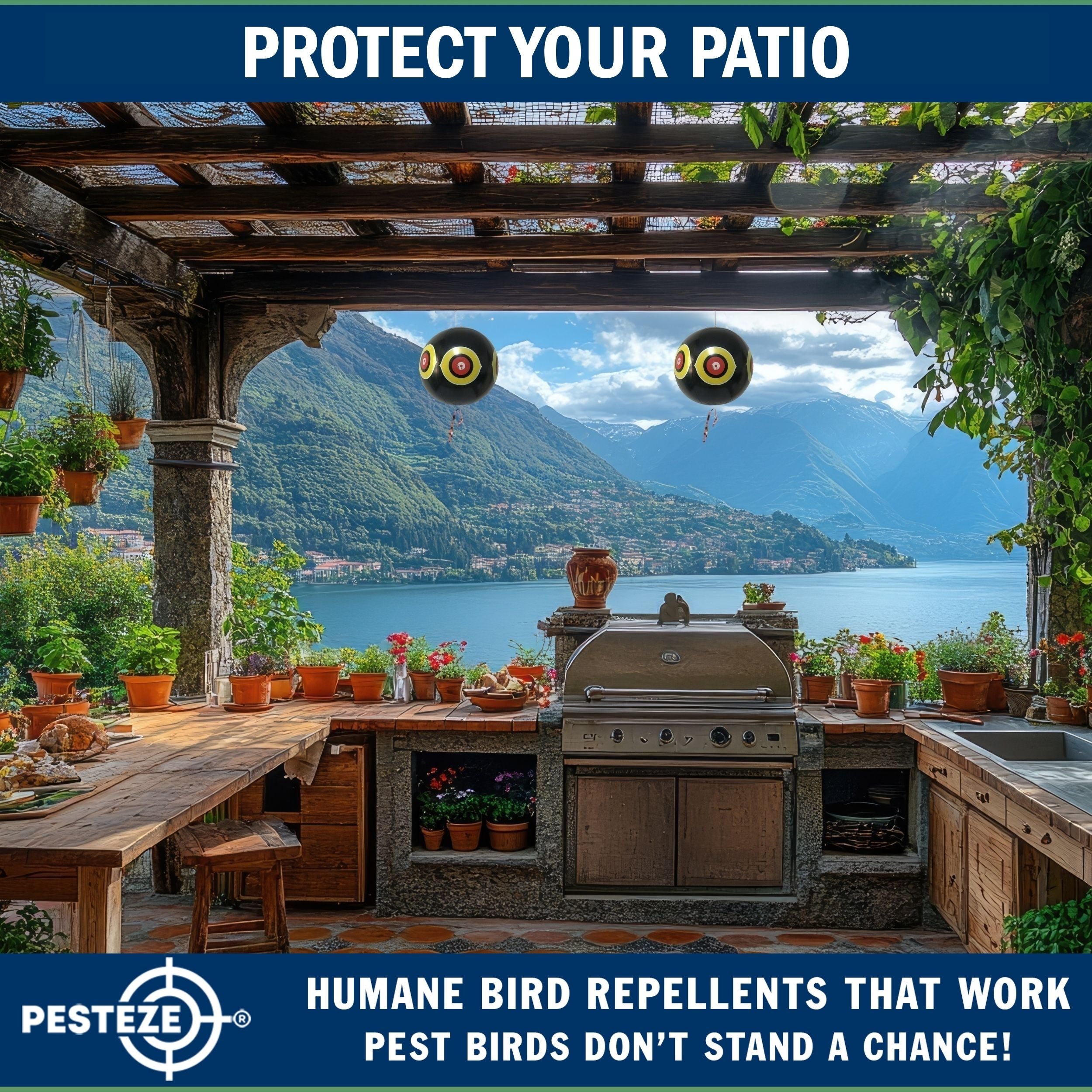 PESTEZE® Large 15" Black Bird Predator-Eye Balloon Decoy [1 Pack]  Deters Unwanted Pest Birds like Pigeons, Gulls, Geese & Critters from Pools & Yards Without Harming Them To Protect Property